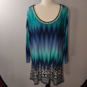 Ruby Rd. Women’s 3X Teal & Blue Zigzag Tunic  With Scoop Neck & Accents